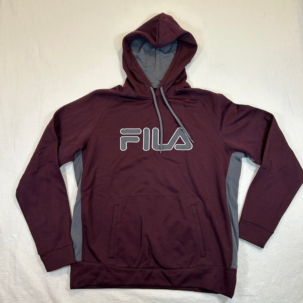 Fila Sport Mens XL Maroon Gray Waffle Knit Pullover Hoodie Logo Sweatshirt